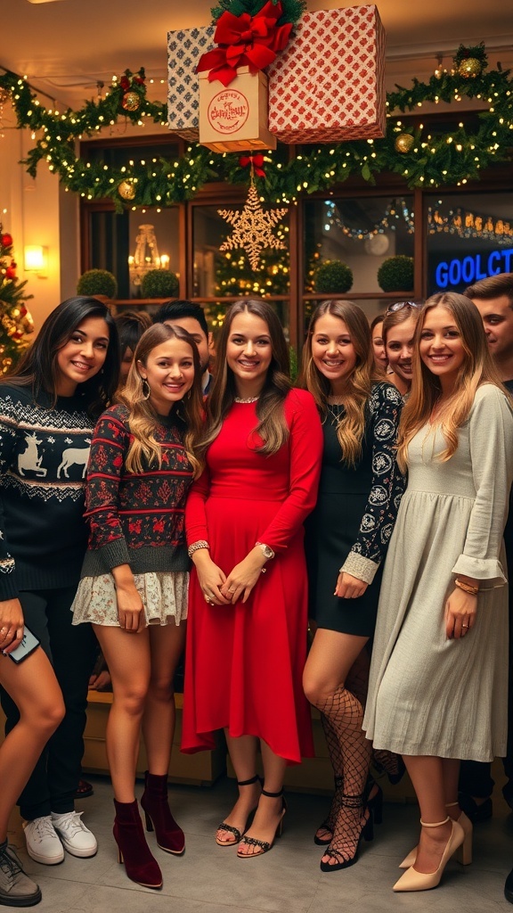 A group of youth in stylish Christmas party outfits, showcasing a mix of casual and dressy styles in a festive setting.